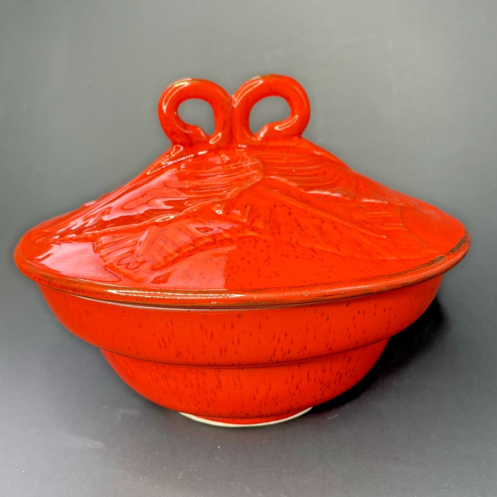 Vintage California Pottery MCM Atomic Ceramic Lidded Dish Leaves Orange Speckled